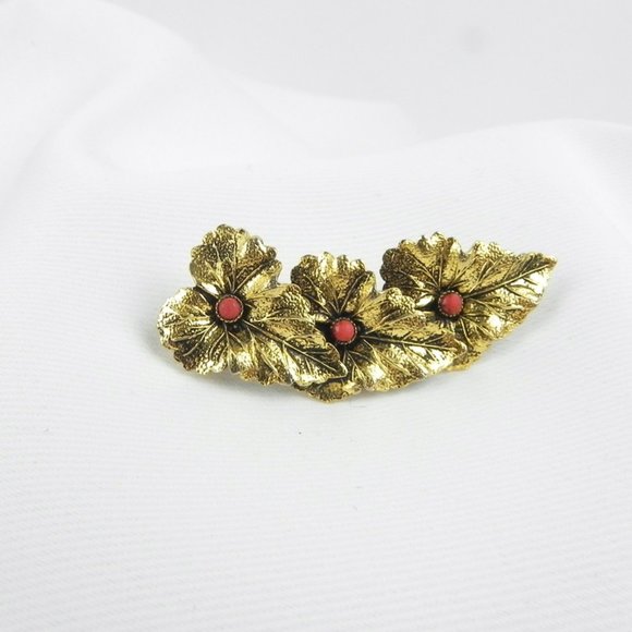 Botanical Lapel Brooch | 60s Gold Tone Orange Pin - Picture 1 of 7